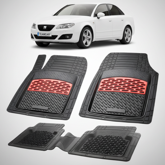 set de covorase din cauciuc negre cu accente rosii cu o un seat exeo sedan alb in fundal