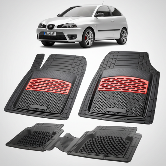 set de covorase din cauciuc negre cu accente rosii cu o un seat ibiza hatchback 3 usi facelift argintiu in fundal