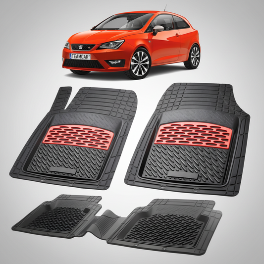 set de covorase din cauciuc negre cu accente rosii cu o un seat ibiza hatchback 3 usi facelift rosu in fundal