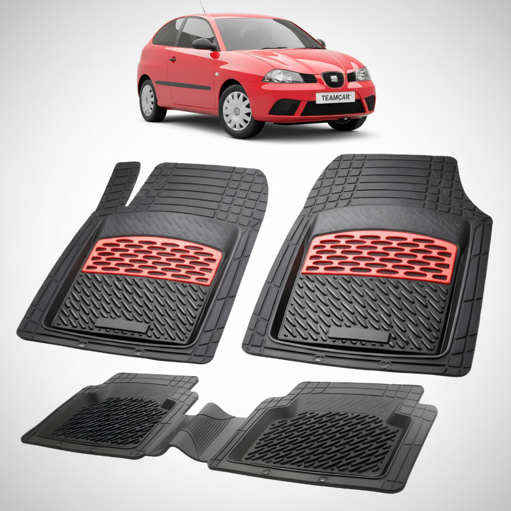 set de covorase din cauciuc negre cu accente rosii cu o un seat ibiza hatchback 3 usi rosu in fundal