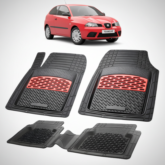 set de covorase din cauciuc negre cu accente rosii cu o un seat ibiza hatchback 3 usi rosu in fundal