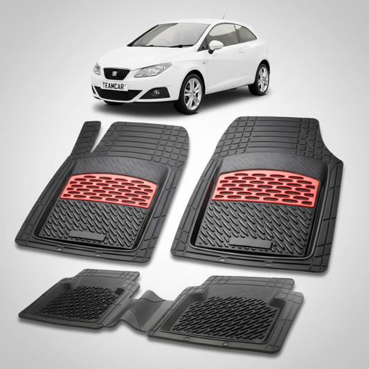 set de covorase din cauciuc negre cu accente rosii cu o un seat ibiza hatchback 3 usi alb in fundal