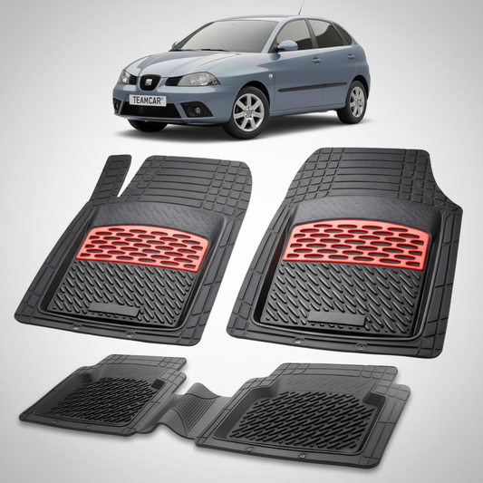 set de covorase din cauciuc negre cu accente rosii cu o un seat ibiza hatchback 5 usi facelift albastru-gri metalizat in fundal