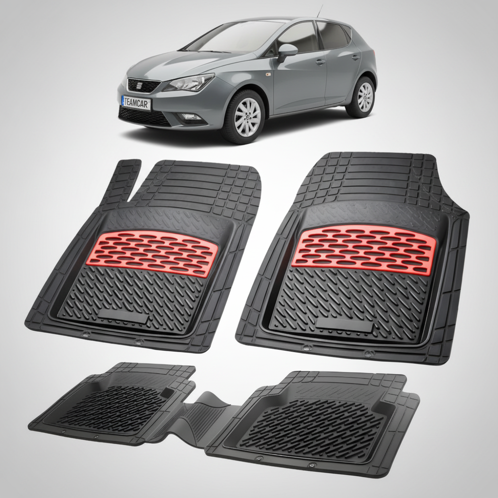 set de covorase din cauciuc negre cu accente rosii cu o un seat ibiza hatchback 5 usi facelift gri inchis in fundal