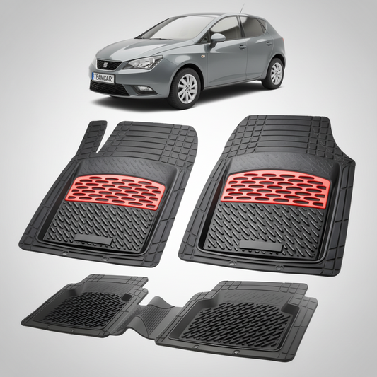 set de covorase din cauciuc negre cu accente rosii cu o un seat ibiza hatchback 5 usi facelift gri inchis in fundal