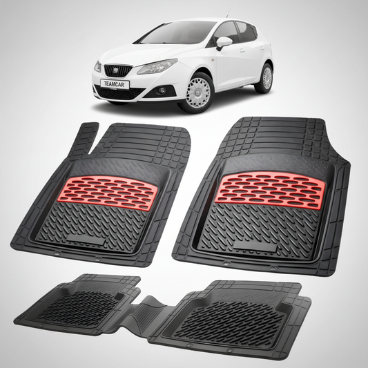 set de covorase din cauciuc negre cu accente rosii cu o un seat ibiza hatchback 5 usi alb in fundal