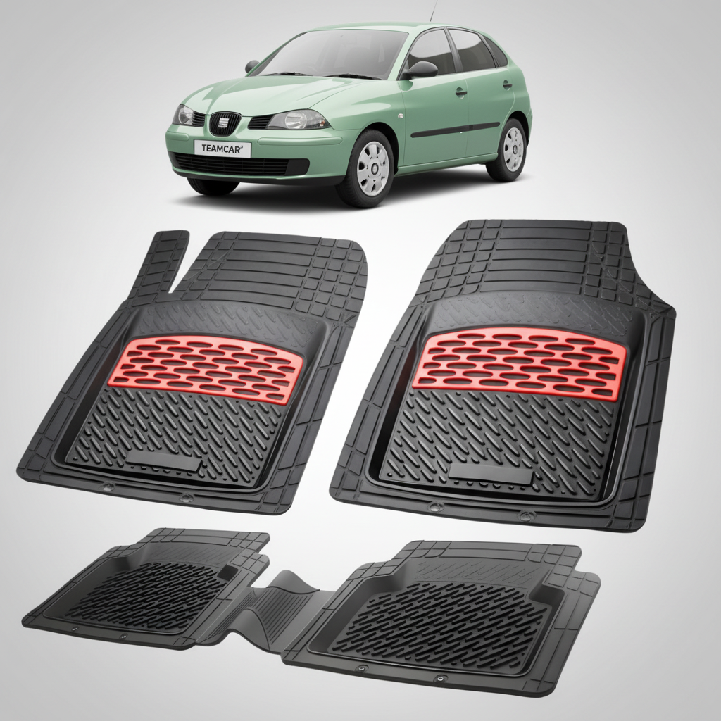 set de covorase din cauciuc negre cu accente rosii cu o un seat ibiza mk3 hatchback verde in fundal