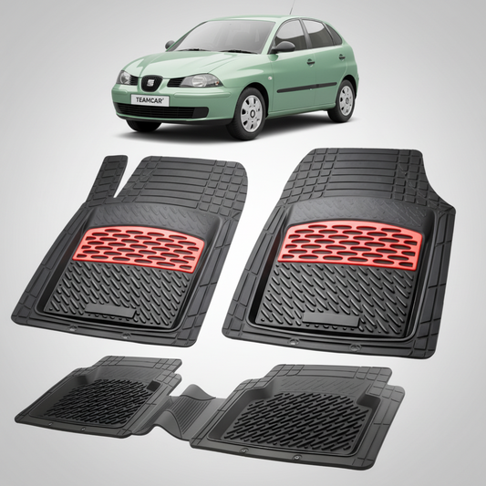 set de covorase din cauciuc negre cu accente rosii cu o un seat ibiza mk3 hatchback verde in fundal