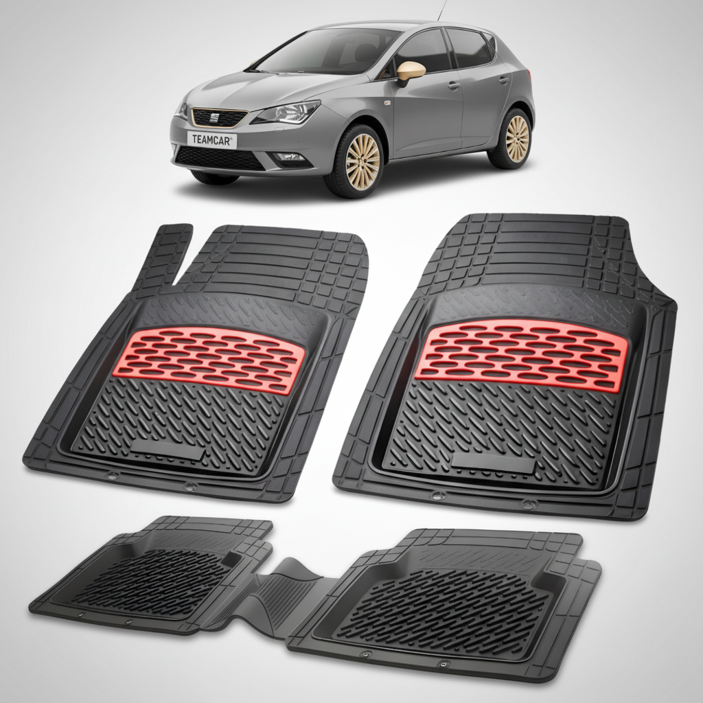 set de covorase din cauciuc negre cu accente rosii cu o un seat ibiza mk4 hatchback gri inchis in fundal