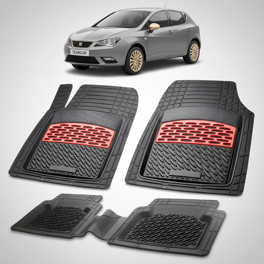 set de covorase din cauciuc negre cu accente rosii cu o un seat ibiza mk4 hatchback gri inchis in fundal