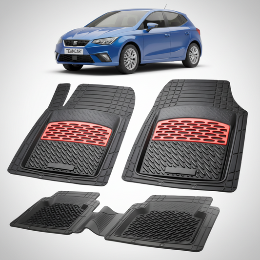 set de covorase din cauciuc negre cu accente rosii cu o un seat ibiza mk5 hatchback albastru in fundal