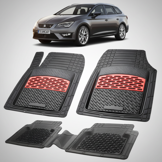 set de covorase din cauciuc negre cu accente rosii cu o un seat leon mk3 combi gri inchis in fundal