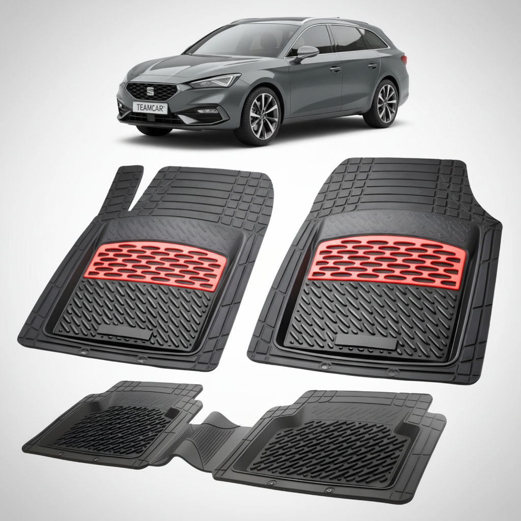 set de covorase din cauciuc negre cu accente rosii cu o un seat leon mk4 combi gri inchis in fundal