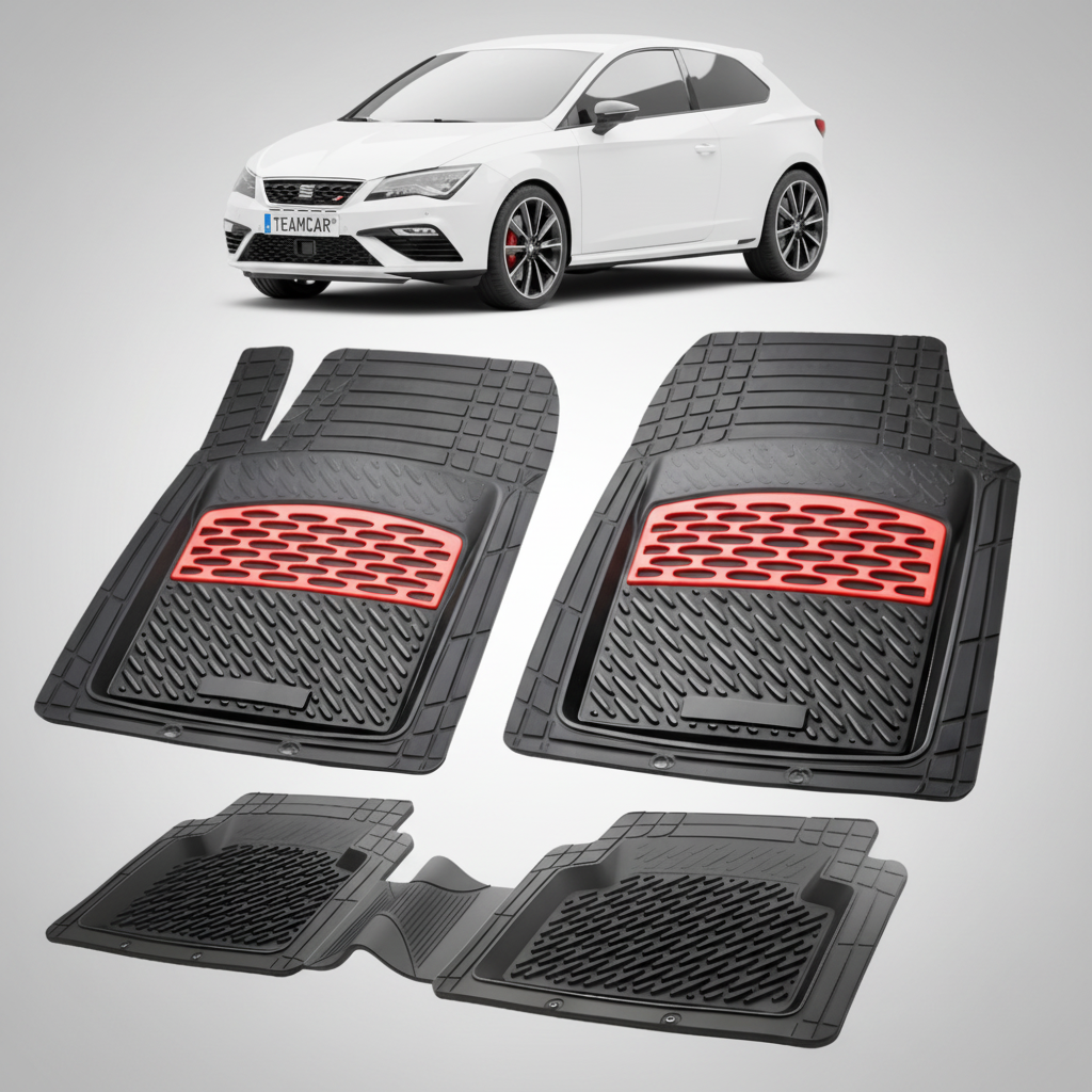 set de covorase din cauciuc negre cu accente rosii cu o un seat leon hatchback 3 usi facelift alb in fundal