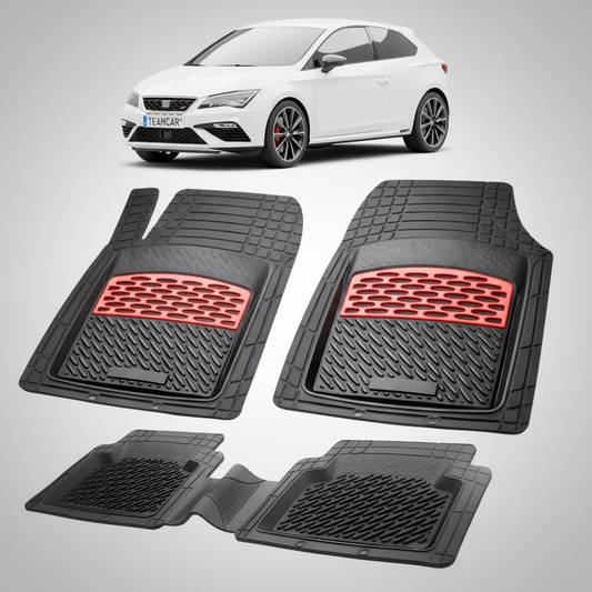 set de covorase din cauciuc negre cu accente rosii cu o un seat leon hatchback 3 usi facelift alb in fundal
