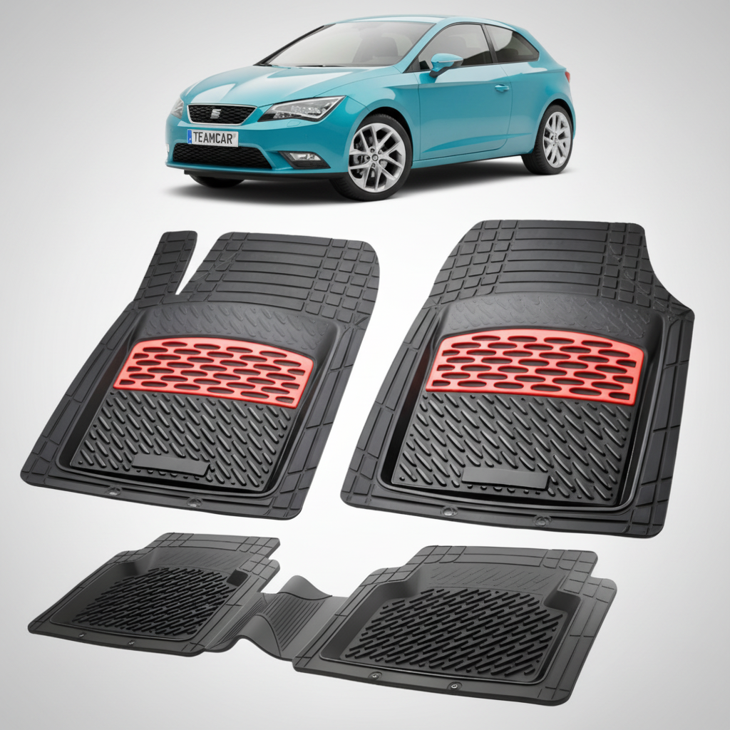 set de covorase din cauciuc negre cu accente rosii cu o un seat leon hatchback 3 usi facelift albastru in fundal