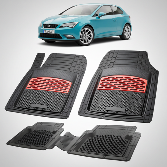 set de covorase din cauciuc negre cu accente rosii cu o un seat leon hatchback 3 usi facelift albastru in fundal