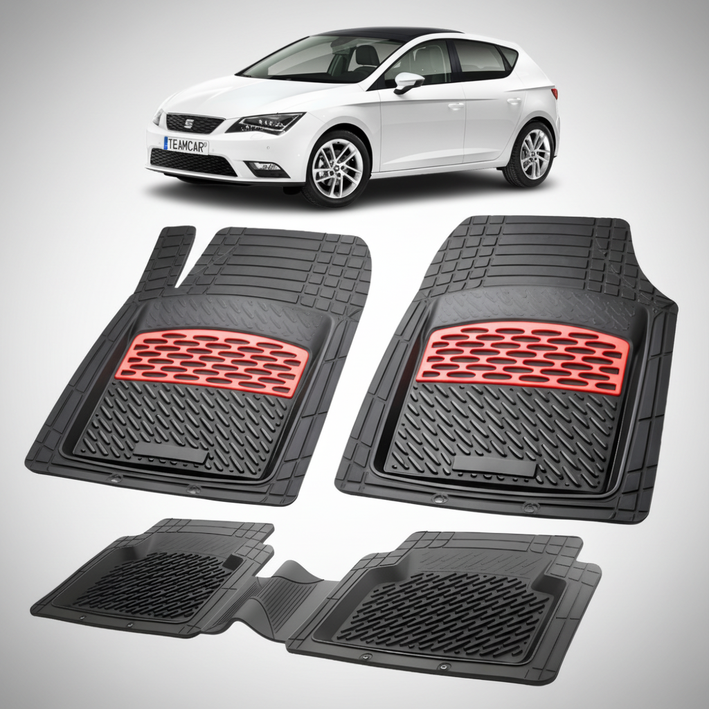set de covorase din cauciuc negre cu accente rosii cu o un seat leon hatchback 5 usi facelift 2 alb in fundal