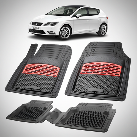 set de covorase din cauciuc negre cu accente rosii cu o un seat leon hatchback 5 usi facelift 2 alb in fundal
