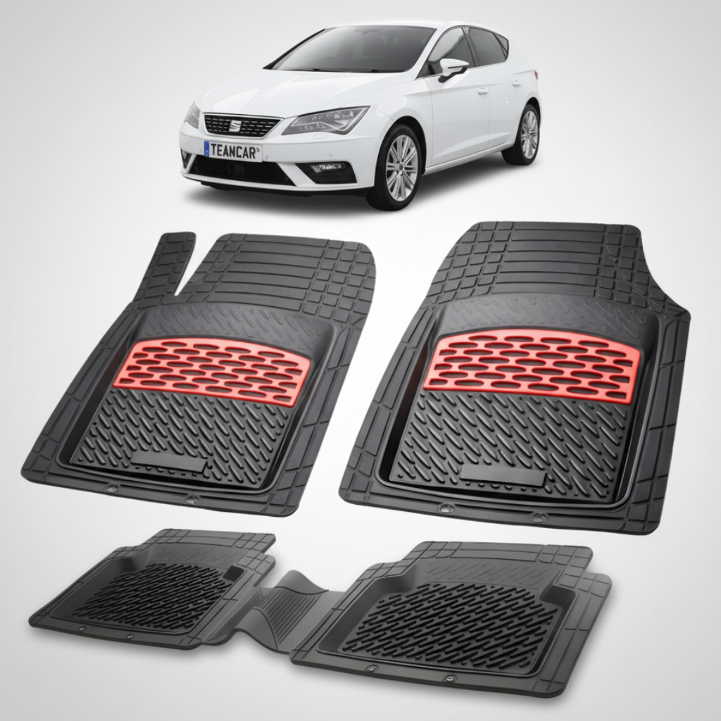 set de covorase din cauciuc negre cu accente rosii cu o un seat leon hatchback 5 usi facelift alb in fundal
