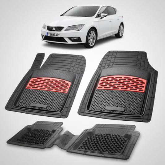 set de covorase din cauciuc negre cu accente rosii cu o un seat leon hatchback 5 usi facelift alb in fundal