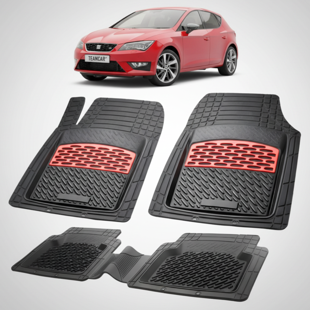 set de covorase din cauciuc negre cu accente rosii cu o un seat leon hatchback 5 usi rosu in fundal