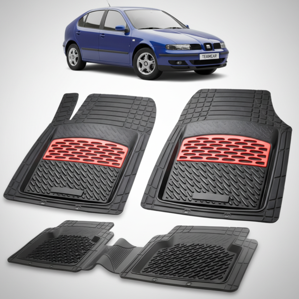set de covorase din cauciuc negre cu accente rosii cu o un seat leon mk1 hatchback albastru in fundal