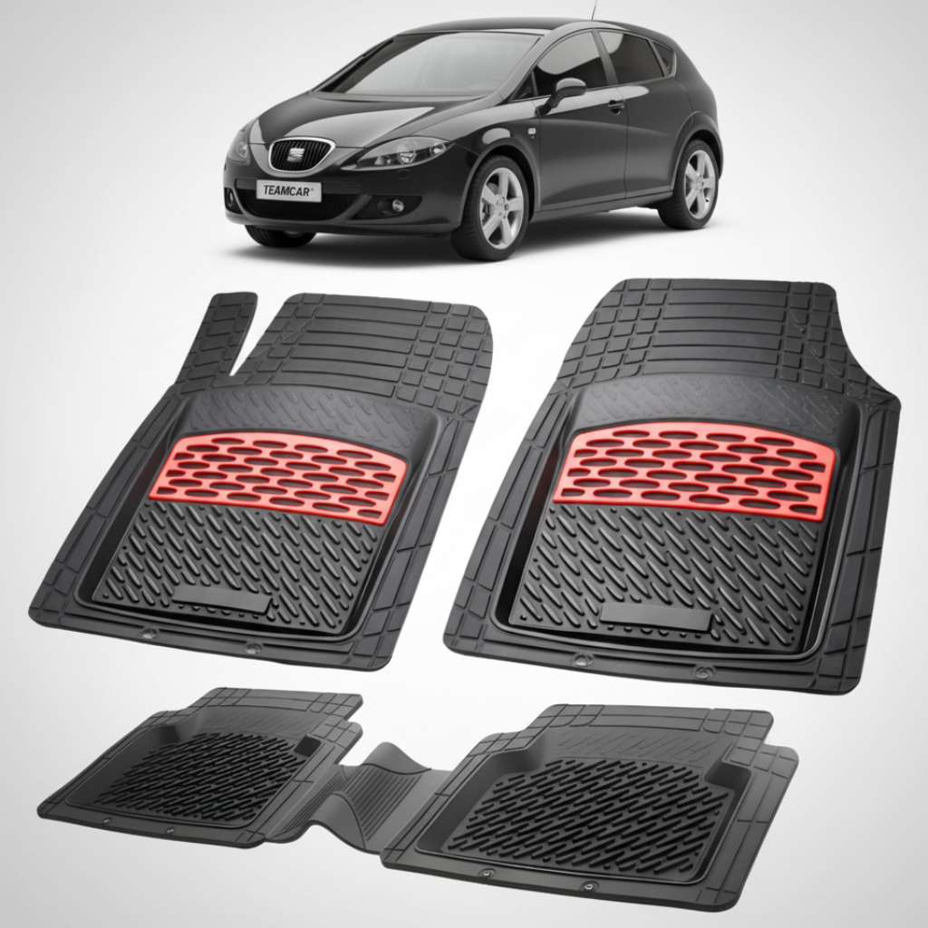 set de covorase din cauciuc negre cu accente rosii cu o un seat leon mk2 hatchback negru in fundal