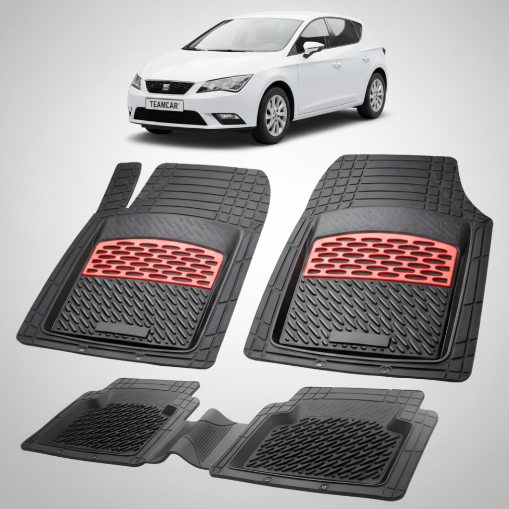 set de covorase din cauciuc negre cu accente rosii cu o un seat leon mk3 hatchback alb in fundal