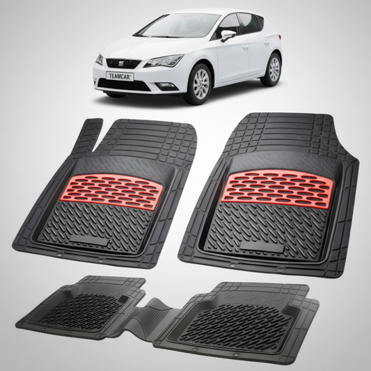 set de covorase din cauciuc negre cu accente rosii cu o un seat leon mk3 hatchback alb in fundal