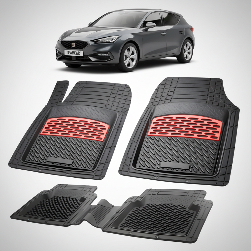 set de covorase din cauciuc negre cu accente rosii cu o un seat leon mk4 hatchback gri inchis in fundal