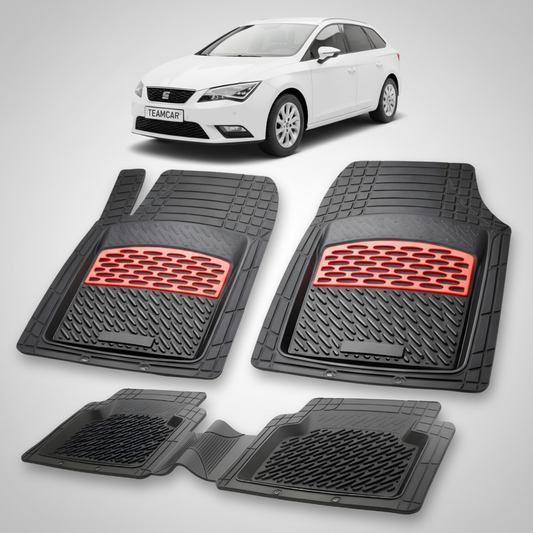 set de covorase din cauciuc negre cu accente rosii cu o un seat leon st/combi alb in fundal