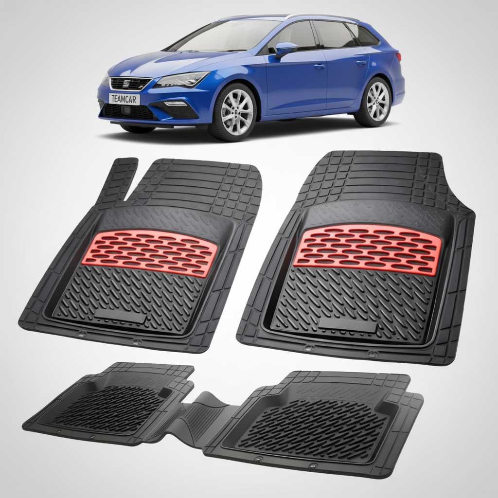 set de covorase din cauciuc negre cu accente rosii cu o un seat leon st/combi facelift albastru in fundal