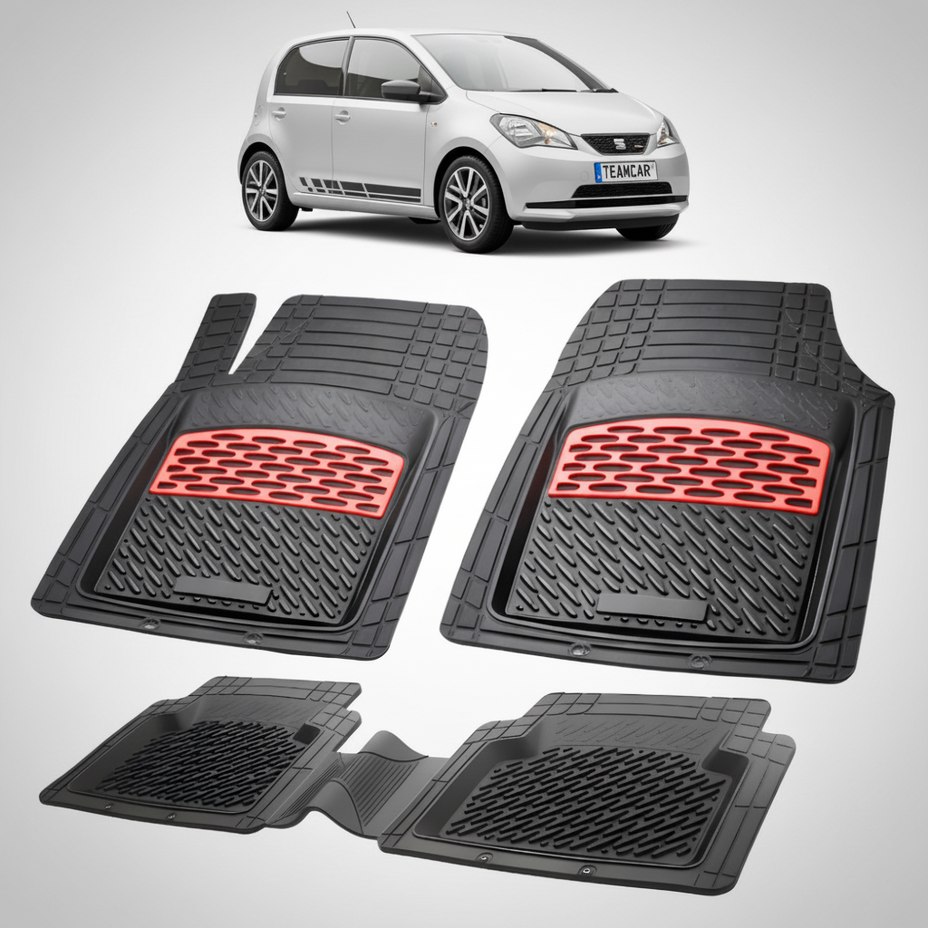 set de covorase din cauciuc negre cu accente rosii cu o un seat mii electric hatchback 5 usi ev argintiu in fundal