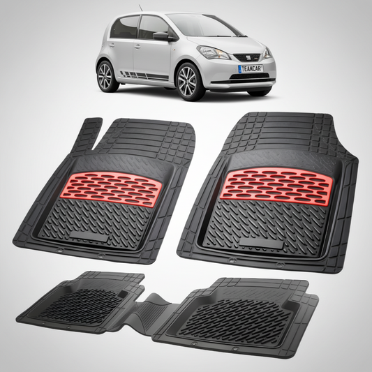 set de covorase din cauciuc negre cu accente rosii cu o un seat mii electric hatchback 5 usi ev argintiu in fundal