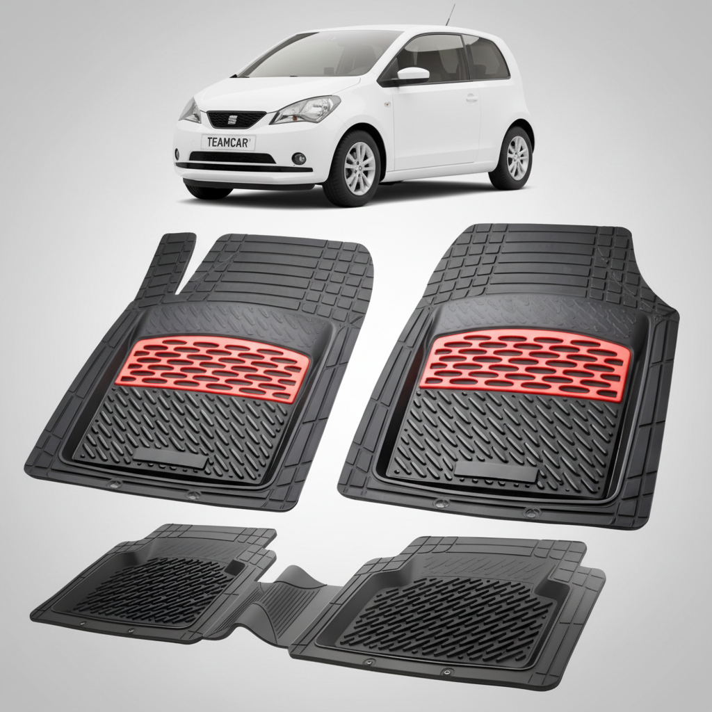 set de covorase din cauciuc negre cu accente rosii cu o un seat mii hatchback 3 usi alb in fundal