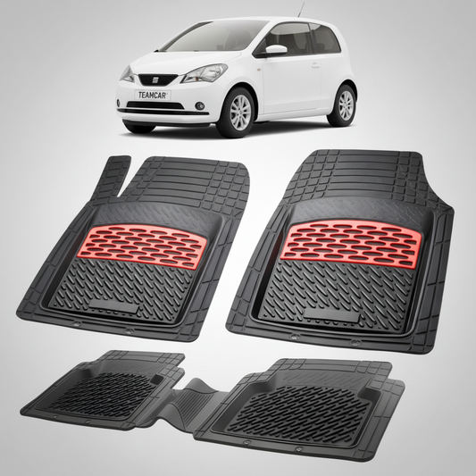 set de covorase din cauciuc negre cu accente rosii cu o un seat mii hatchback 3 usi alb in fundal