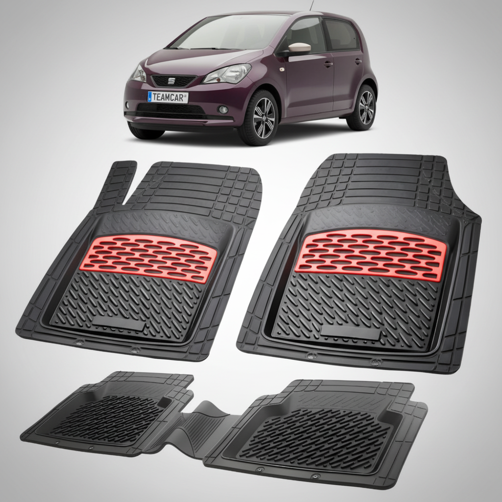 set de covorase din cauciuc negre cu accente rosii cu o un seat mii hatchback 5 usi violet in fundal