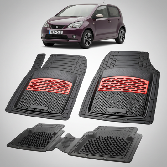 set de covorase din cauciuc negre cu accente rosii cu o un seat mii hatchback 5 usi violet in fundal