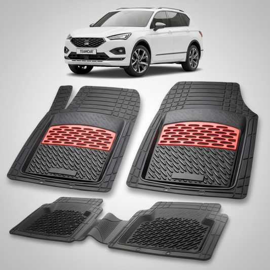 set de covorase din cauciuc negre cu accente rosii cu o un seat tarraco suv facelift alb in fundal