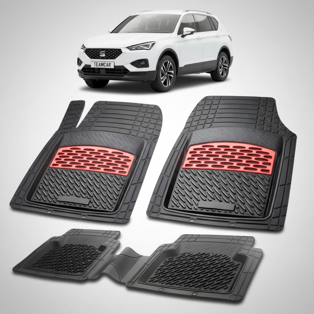 set de covorase din cauciuc negre cu accente rosii cu o un seat tarraco mk1 suv alb in fundal