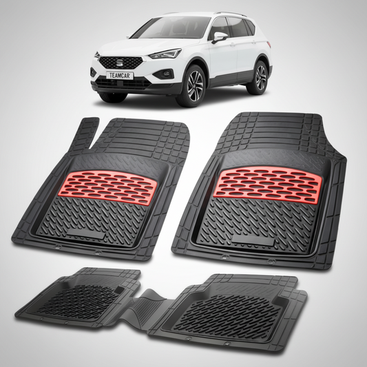 set de covorase din cauciuc negre cu accente rosii cu o un seat tarraco mk1 suv alb in fundal