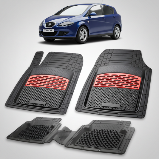 set de covorase din cauciuc negre cu accente rosii cu o un seat toledo iii sedan gen 3 albastru in fundal