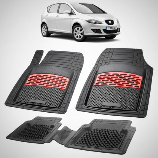 set de covorase din cauciuc negre cu accente rosii cu o un seat toledo mk3 mpv argintiu in fundal