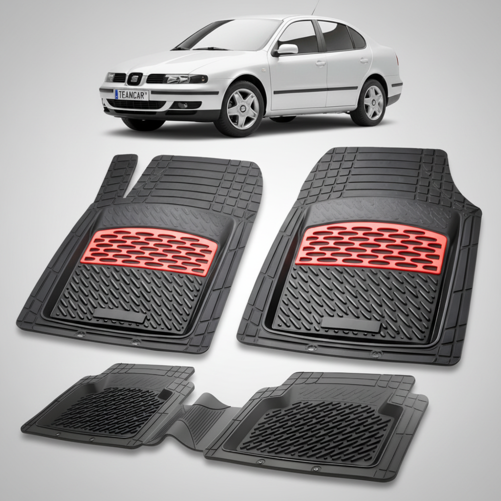 set de covorase din cauciuc negre cu accente rosii cu o un seat toledo sedan facelift argintiu in fundal