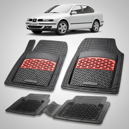 set de covorase din cauciuc negre cu accente rosii cu o un seat toledo sedan facelift argintiu in fundal