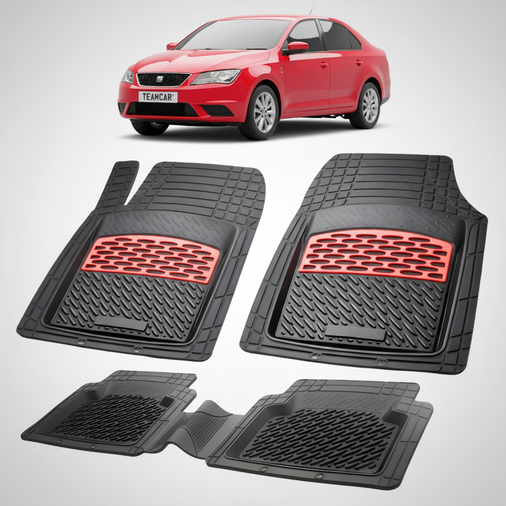 set de covorase din cauciuc negre cu accente rosii cu o un seat toledo mk4 sedan rosu in fundal