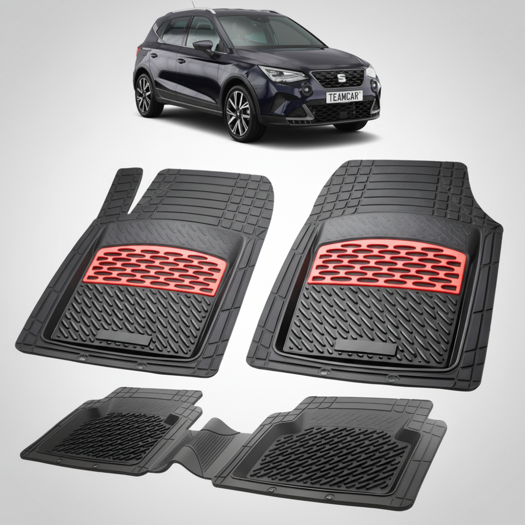 set de covorase din cauciuc negre cu accente rosii cu o un seat arona suv facelift negru in fundal