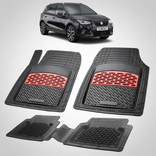set de covorase din cauciuc negre cu accente rosii cu o un seat arona suv facelift negru in fundal