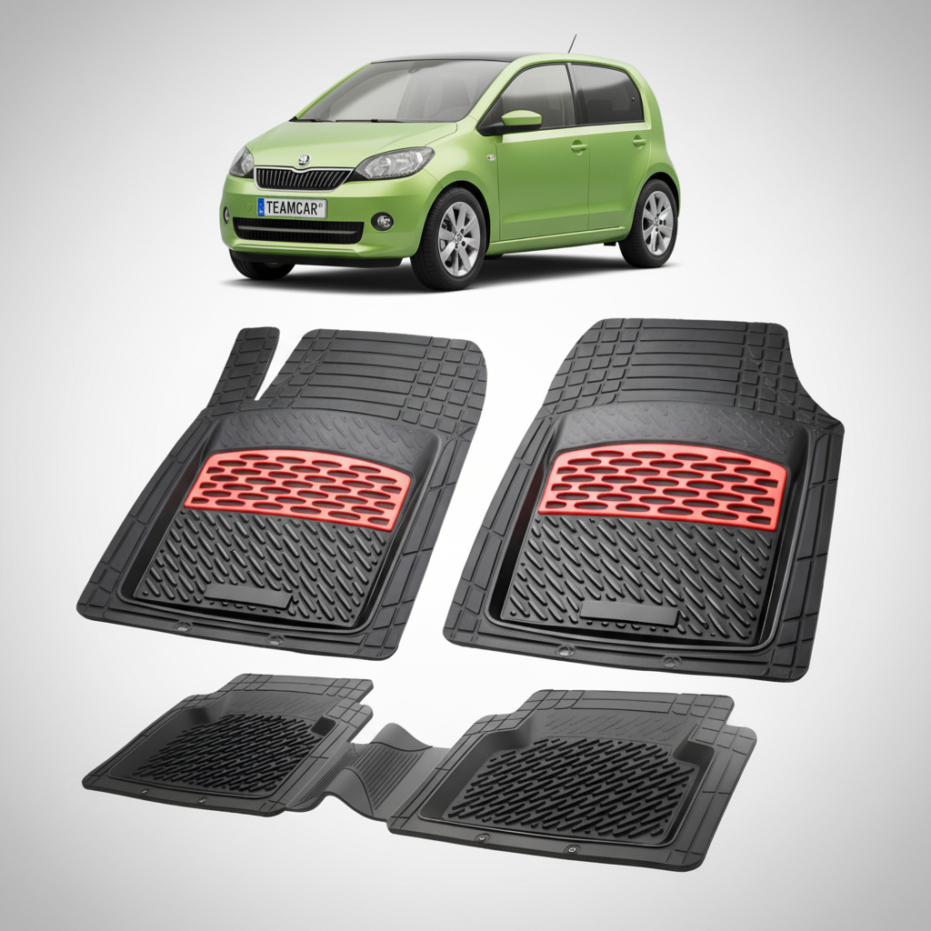 set de covorase din cauciuc negre cu accente rosii cu skoda citigo i verde menta in fundal